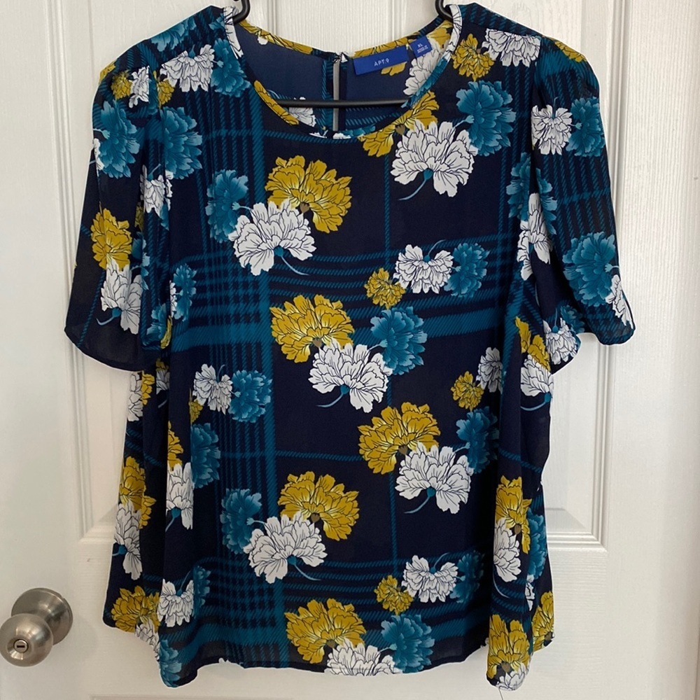 Apt. 9 Navy Floral Plaid Short Sleeve Blouse Sz XL